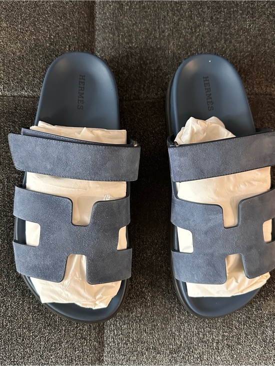 Hermes Shoes - Hermes Blue Suede Oran Slide Sandals